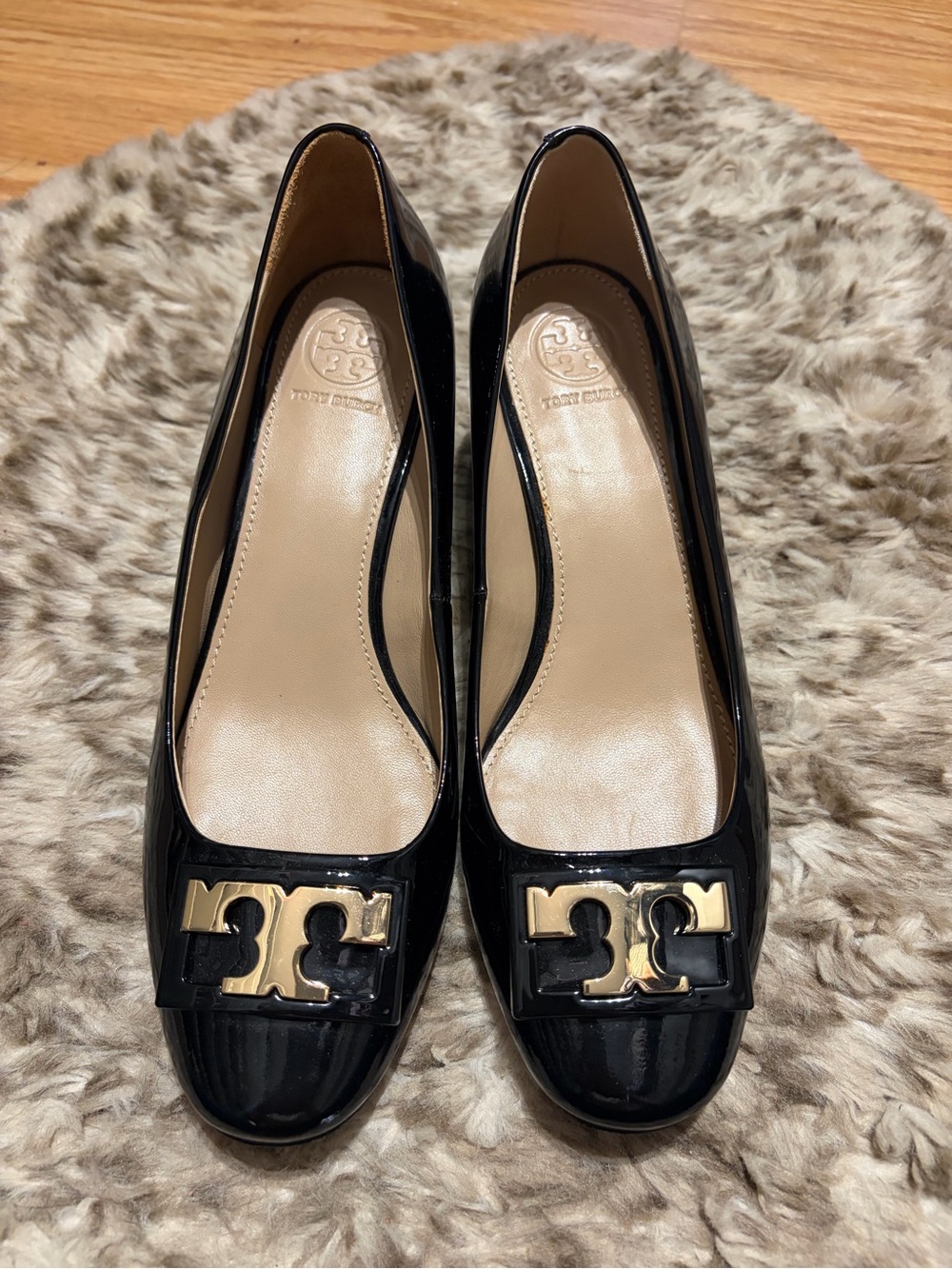 Tory Burch Black Patent Leather Logo Heels with Gold Emblem